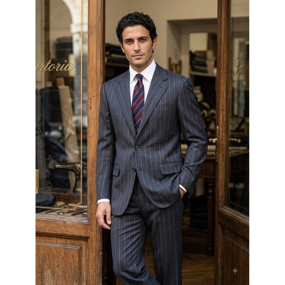 Luciano Barbera Suit 42L 36x31 Hand Made Italy Bergdorf Goodman Wool Pinstripe